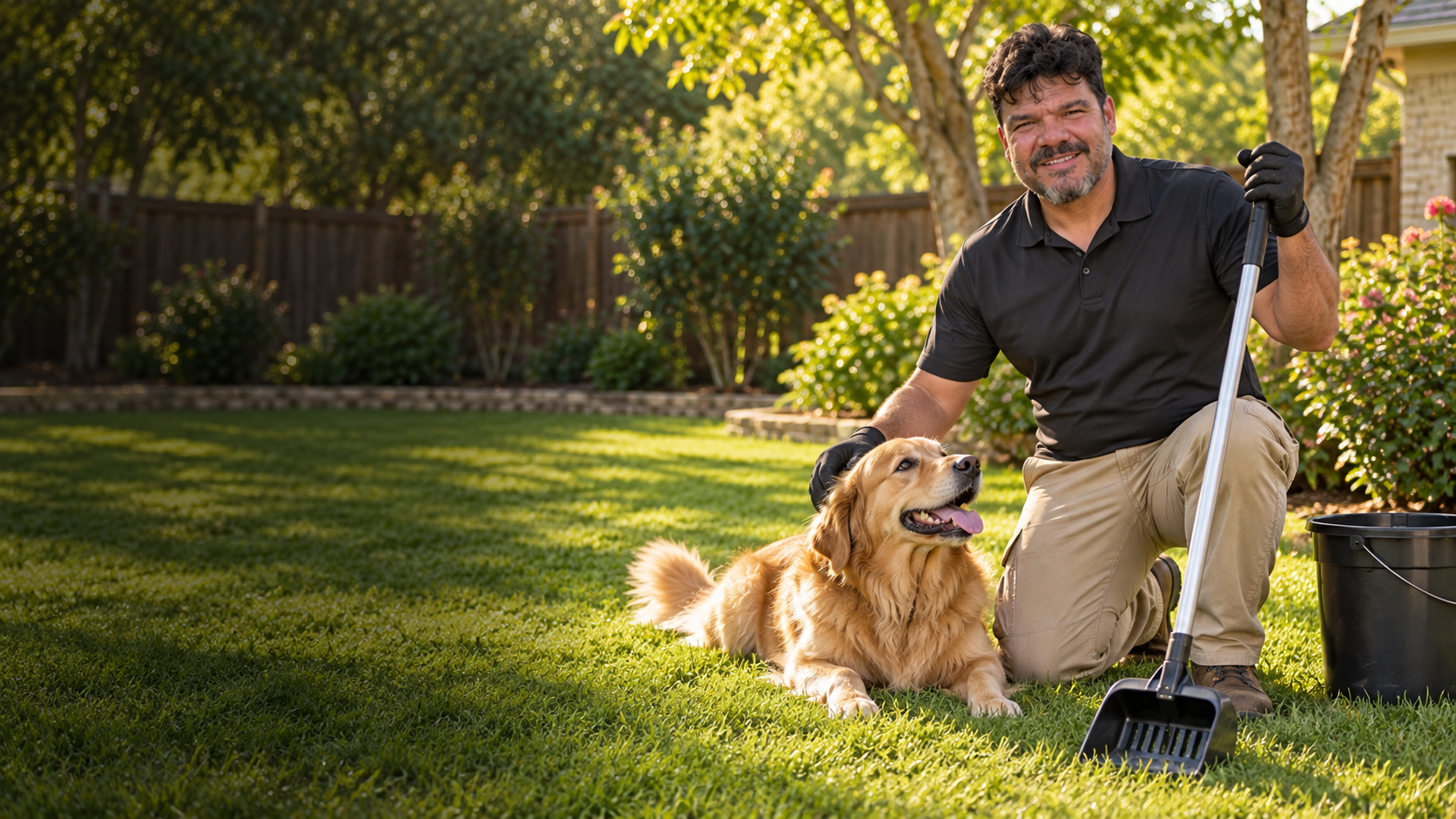 Adan with a happy dog in a residential yard